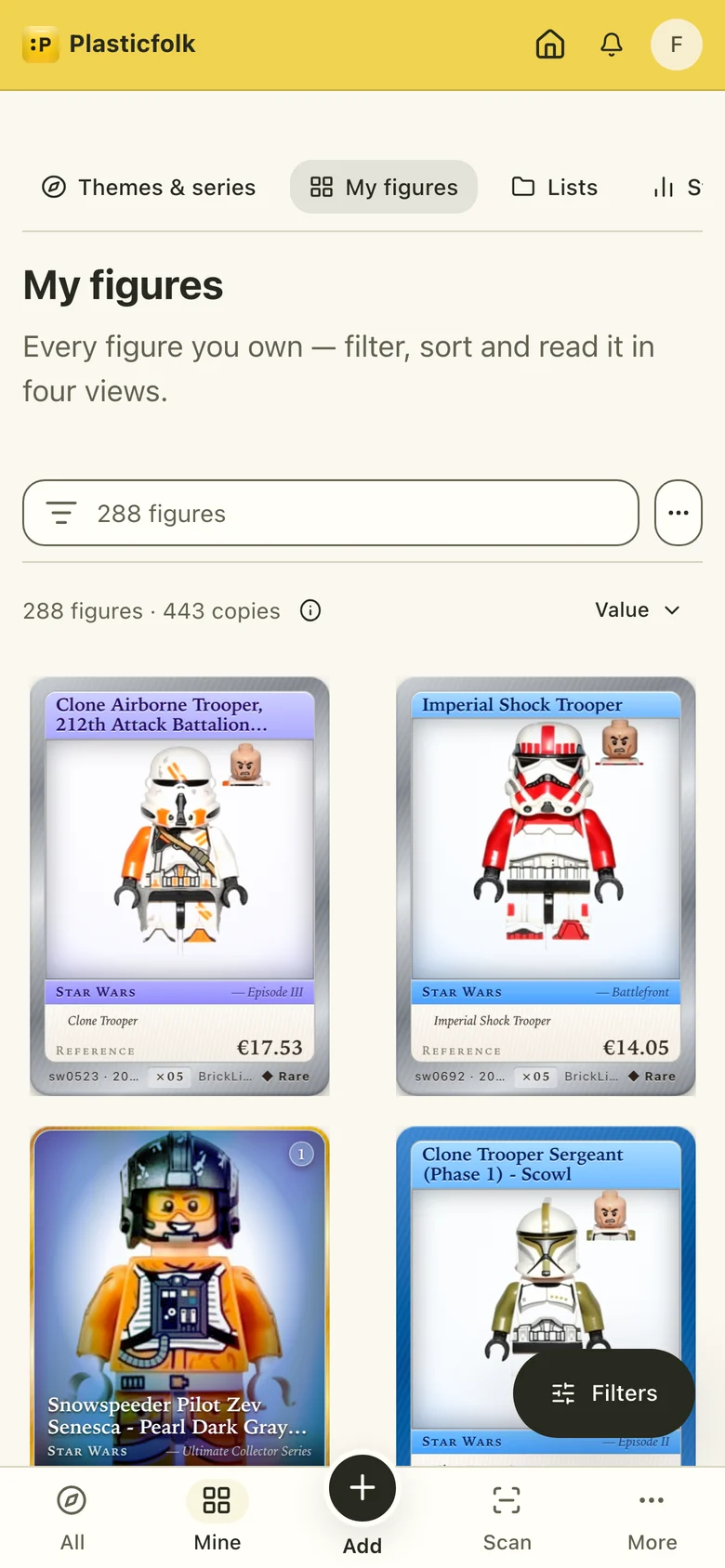 The collection as a deck of cards, with rarity and value on every card