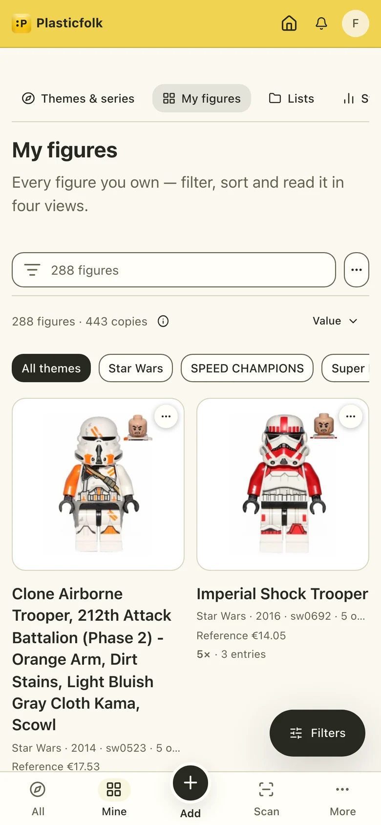 The same sample collection on a phone, with gallery and bottom navigation